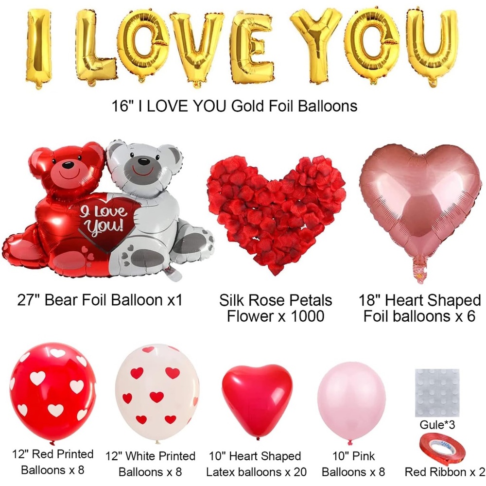 Valentine's Day Decor Romantic Heart Balloons and Rose Petal Set Brand New